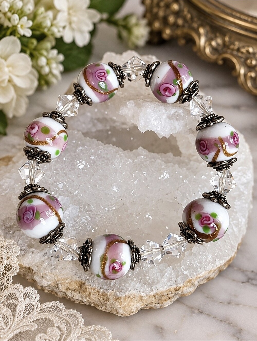 Wedding Cake Glass Venetian Lampwork Beads Pink Flowers White Stretch Bracelet